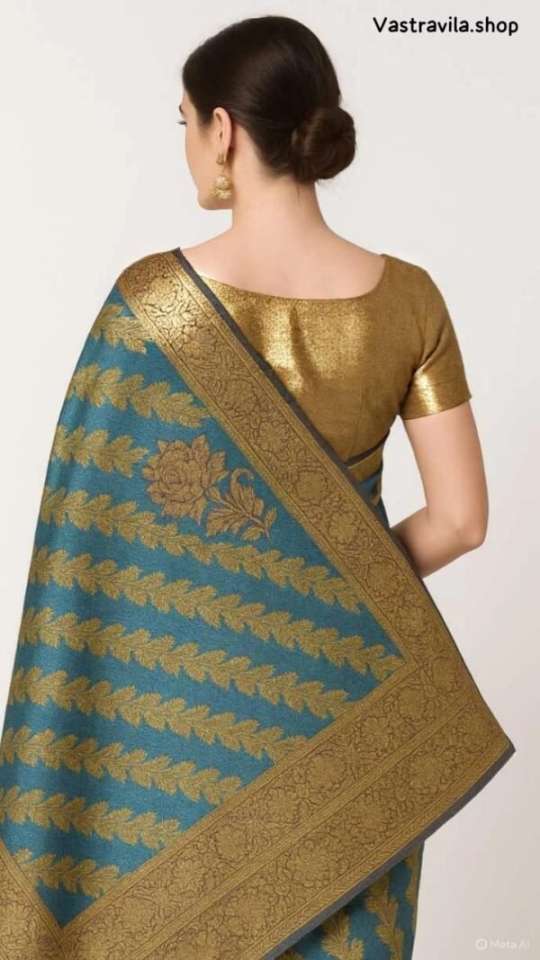 Royal Blue & Golden Zari Woven Banarasi Saree - Image 3